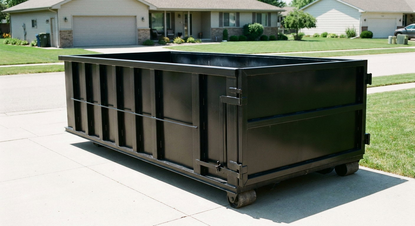 Matte-black 10-yard roll-off dumpster on a residential concrete driveway in Santa Clarita, uniformly painted matte black across every panel and rail, ribbed steel sidewalls and rear swing door visible, mid-day daylight.