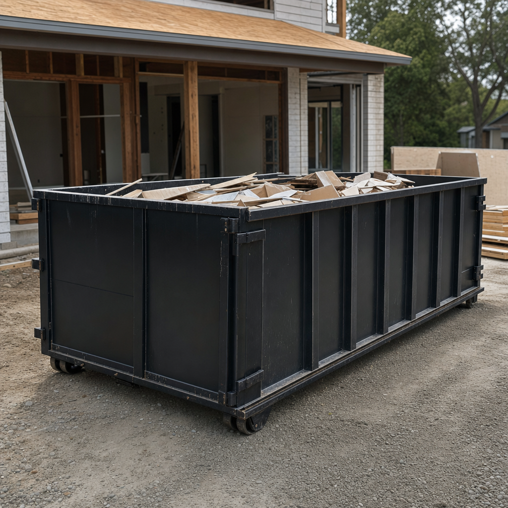 Large matte-black 30-yard construction roll-off dumpster at an active Santa Clarita jobsite, steel-gray top rails and bottom rollers visible, loaded with construction debris.