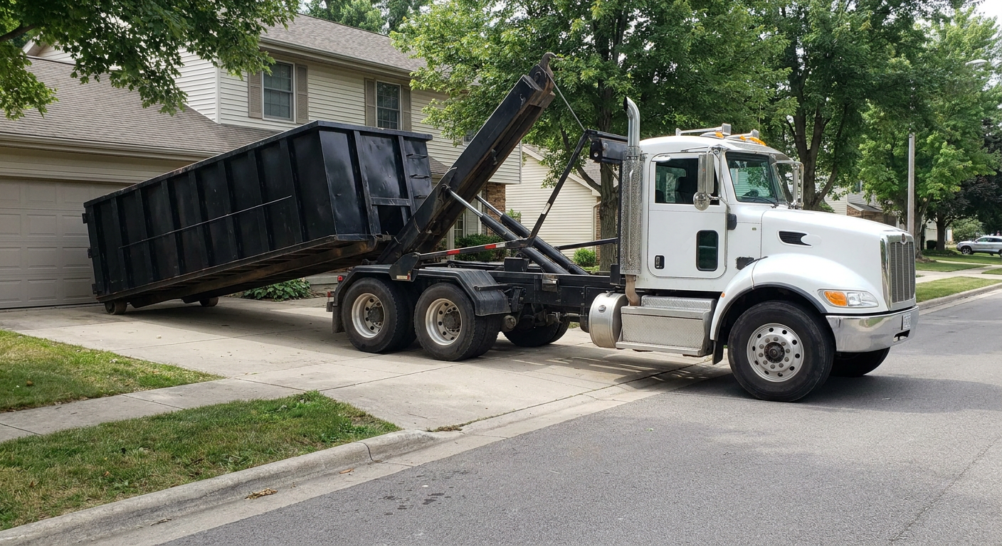 White-cab hooklift roll-off truck actively lowering a matte-black dumpster onto a Santa Clarita residential concrete driveway, the dumpster's rear wheels touching the driveway as the hoist arm tilts the bed forward, mid-morning daylight.
