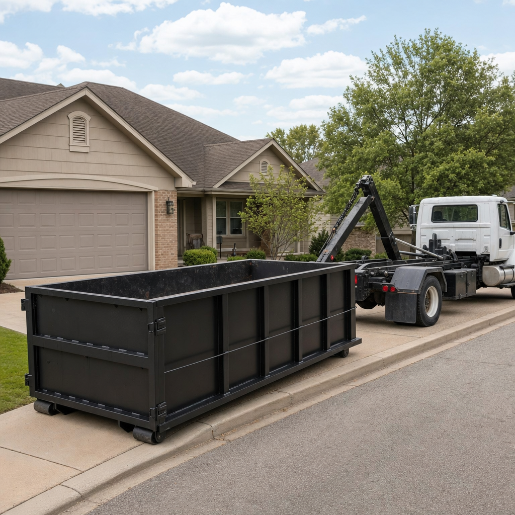 Wide documentary shot of a matte-black roll-off dumpster on a Santa Clarita residential driveway in the foreground and a contractor jobsite container in the soft-focus background, bright daylight, calm and orderly composition.